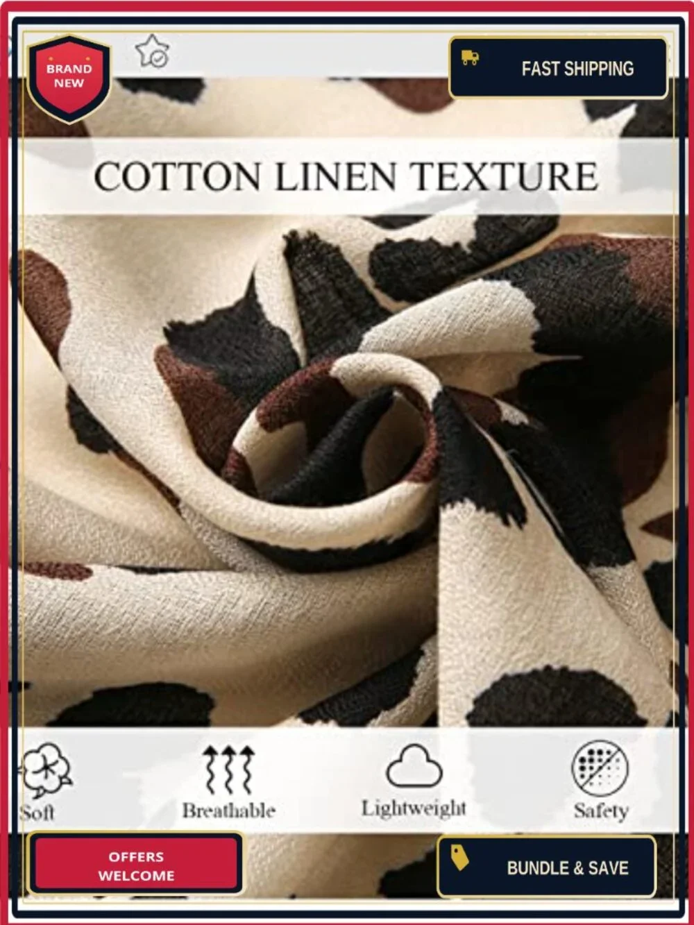 Leopard Print Cotton Linen Texture Scarf with Tassels Lightweight Shawl Stole